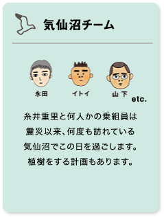 気仙沼チーム 永田・イトイ・山下・etc. 糸井重里と何人かの乗組員は震災以来、何度も訪れている気仙沼でこの日を過ごします。植樹をする計画もあります。