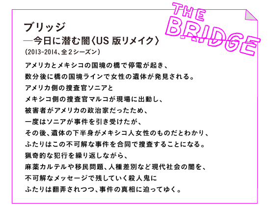 ザ・ブリッジ─今日に潜む闇〈US版リメイク〉
（2013-2014、全２シーズン）

アメリカとメキシコの国境の橋で停電が起き、
数分後に橋の国境ラインで女性の遺体が派遣される。
アメリカ側の捜査官ソニアと
メキシコ側の捜査官マルコが現場に出動し、
被害者がアメリカの政治家だったため、
一度はソニアが事件を引き受けたが、
その後、遺体の下半身がメキシコ人女性のものだとわかり、
ふたりはこの不可解な事件を合同で捜査することになる。
猟奇的な犯行を繰り返しながら、
麻薬カルテルや移民問題、人種差別など現代社会の闇を、
不可解なメッセージで残していく殺人鬼に
ふたりは翻弄されつつ、事件の真相に迫ってゆく。