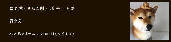 にて隊（きなこ組）16号　きび
紹介文：
ハンドルネーム：​yacmii（ヤクミィ）