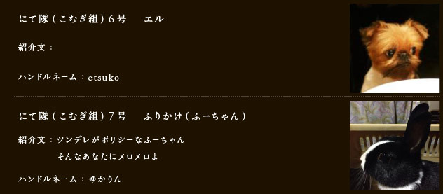 にて隊（こむぎ組）6号　エル
紹介文： 
ハンドルネーム： etsuko

にて隊（こむぎ組）7号　ふりかけ(ふーちゃん)
紹介文：ツンデレがポリシーなふーちゃん
そんなあなたにメロメロよ
ハンドルネーム：ゆかりん