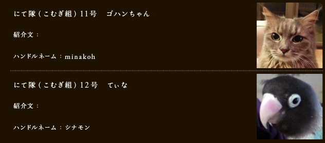 にて隊（こむぎ組）11号　ゴハンちゃん
	紹介文：
	ハンドルネーム：minakoh
	
	にて隊（こむぎ組）12号　てぃな
	紹介文：
	ハンドルネーム：