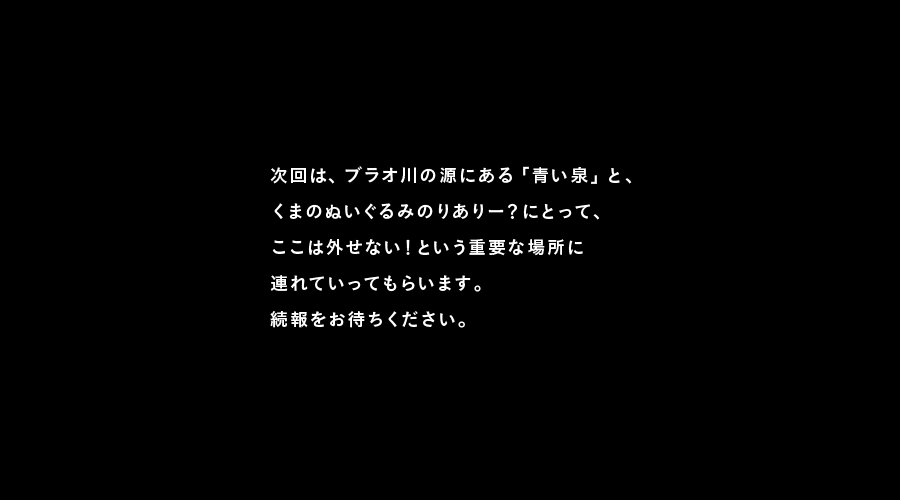 次回は、ブラオ川の源にある「青い泉」と、
くまのぬいぐるみのりありー？にとって、
ここは外せない！という重要な場所に
連れていってもらいます。
続報をお待ちください。