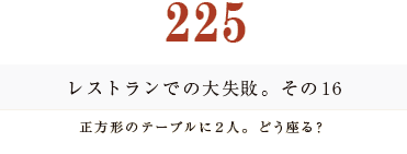 194　レストランでの大失敗。その１6 正方形のテーブルに２人。どう座る？