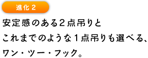 進化2 安定感のある2点吊りと これまでのような1点吊りも選べる、 ワン・ツー・フック。