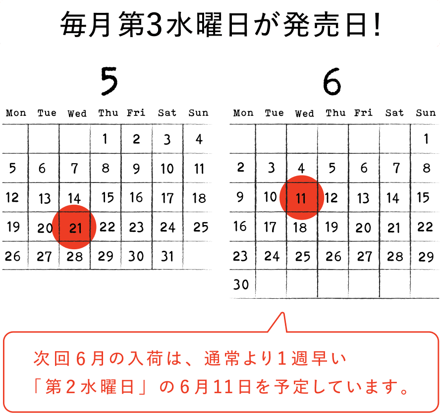 毎月第4水曜日が発売日!次回6月の入荷は、通常より1週早い「第2水曜日」の6月11日を予定しています。
