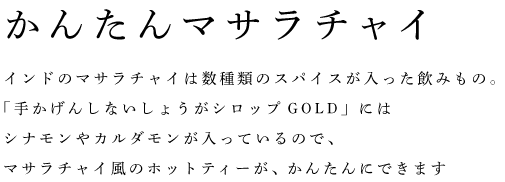 かんたんマサラチャイ	インドのマサラチャイは数種類のスパイスが入った飲みもの。 「手かげんしないしょうがシロップGOLD」には シナモンやカルダモンが入っているので、 マサラチャイ風のホットティーが、かんたんにできます。