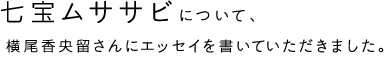 七宝ムササビについて、横尾香央留さんにエッセイを書いていただきました。