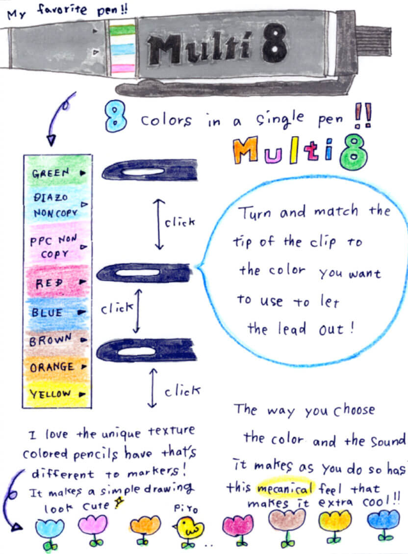 8 colors in a single pen!! Multi8 Turn and match the tip of the clip to the color you want to use to let the lead out!