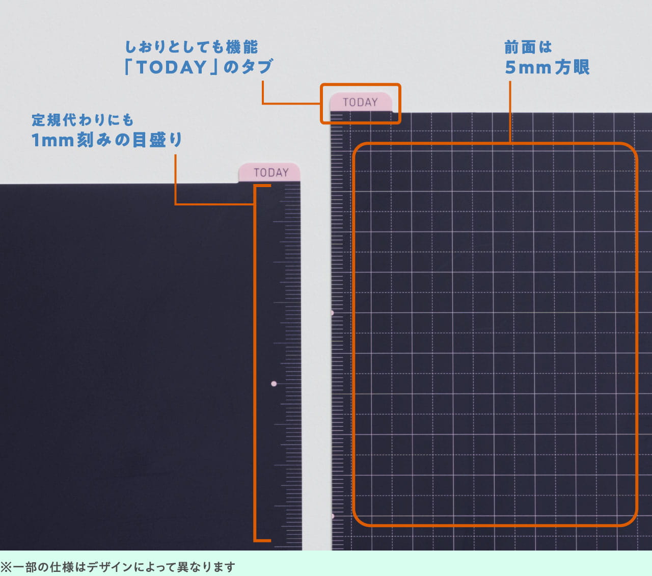 定規代わりにも1mm刻みの目盛り
                    しおりとしても機能「TODAY」のタブ
                    前面は５mm方眼
                    ※一部の仕様はデザインによって異なります