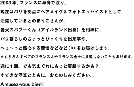 2003年、フランスに単身で渡り、 現在はパリを拠点にヘアメイク＆フォトエッセイストとして 活躍しているとのまりこさんが、 愛犬のバブーくん（アイルランド出身）を相棒に、 パリ暮らしのちょっとびっくりな出来事や、 へぇ〜っと感心する習慣などなど（＊）をお届けします。 ＊もちろんすべてのフランス人やフランス全土に共通しないこともあります。 週に１回、でも気まぐれにもっと更新するかも？ すてきな写真とともに、おたのしみください。 Amusez-vous bien！